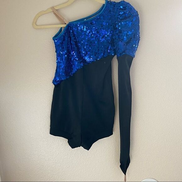 WEISSMAN Balera Dance Costume blue sequin one puff sleeve large child LC - Picture 9 of 13